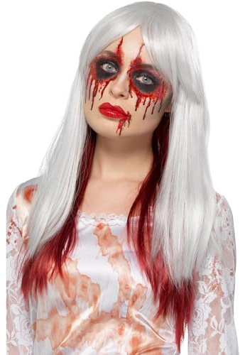 Smiffys Deluxe Blood Drip Ombre Wig, White & Red Heat Resistant/Styleable, Halloween Fancy Dress Accessory, Bride Dress Up Wigs