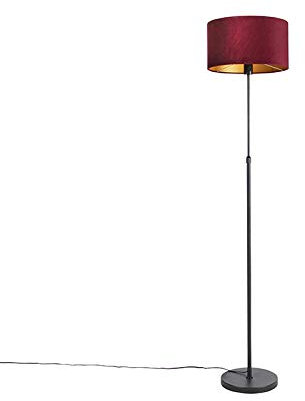 QAZQA - Landhaus I Vintage I Rustikal Stehleuchte I Stehlampe I Standleuchte I Lampe I Leuchte schwarz mit Veloursschirm rot mit Gold I Messing 35 cm - Parte I Wohnzimmer I Schlafzimmer - Stahl Zylind