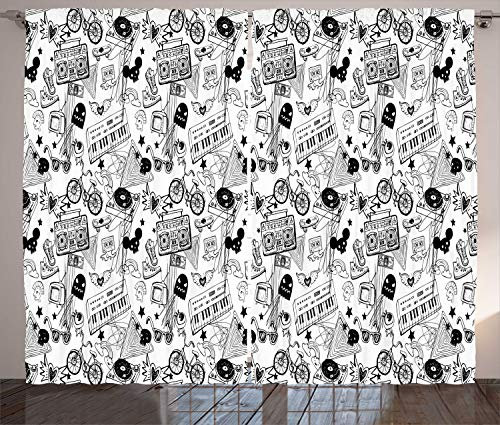 ABAKUHAUS Schwarz und weiß Rustikaler Vorhang, Teenager-Muster, Wohnzimmer Universalband Gardinen mit Schlaufen und Haken, 280 x 245 cm, Weiß Schwarz