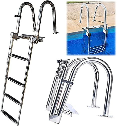 Bath Ladder Boat Pooller Stainless Steel Head Swimming Pool Telescopic Leader 4 Steps Foldable Boat Leader, Float Cover Leader with Handles & Wide Pedal for Marine Yacht Swimming Pool Dock