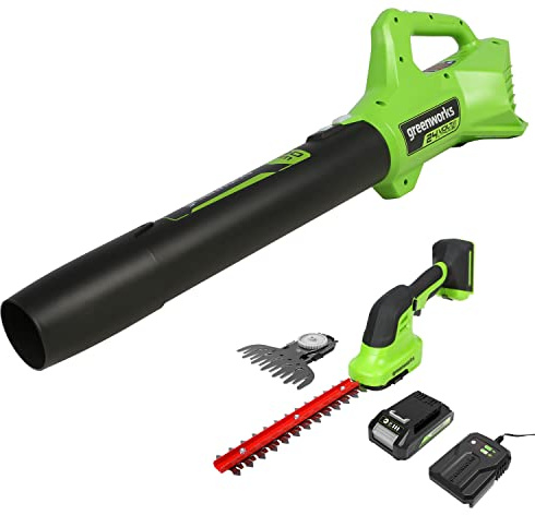 Greenworks Akku Gras- und Strauchschere + Axial Akku-Laubbläser