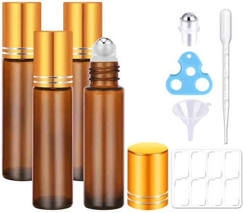 Bofessor 4 Pack Refillable 10ml Amber Glass Roller Bottles with Stainless Steel Roller Ball, Opener, Pipettes, Plastic Funnel, 8 Stickers for Aromatherapy, DIY Essential Oil Blends, Cosmetics, Perfume
