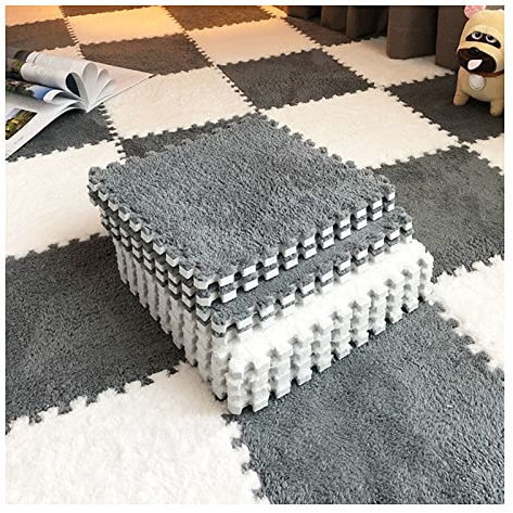 20Pcs 12X12inch Interlocking Foam Mats Plush Mat, Fluffy Carpet Tiles Plush Area Rug, Bedroom Floor Tiles, Soft Playmat Puzzle Floor Mat,WT+Grey,THK 10mm