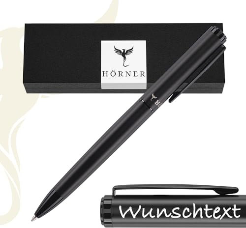 Hörner Silva Kugelschreiber mit Gravur schwarz I Blaue Tinte I Strichstärke M 1 mm I Drehkugelschreiber I Werbegeschenke I Kugelschreiber personalisiert für Männer und Frauen