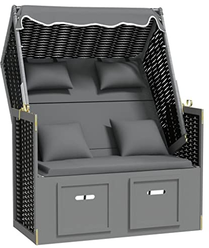 vidaXL Strandkorb mit Kissen Gartenliege Volllieger Sonnenliege Sonneninsel Strandliege Zweisitzer Strand Poly Rattan Massivholz Anthrazit Schwarz