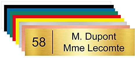 Plaque boîte aux lettres personnalisable. (BAL0004). Numéro Maison + Nom. Plaque nominative PVC 10 x 2,5 cm autocollante - Aspect or brossé - Arial