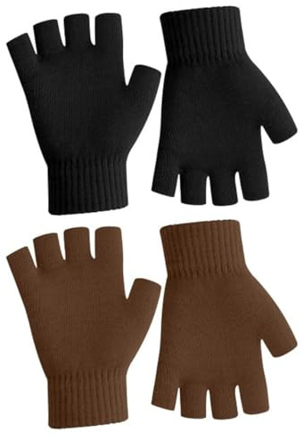 NZKNP Fingerlose Handschuhe für Damen & Herren - Warme Strickhandschuhe zum Tippen & Halbfinger-Handschuhe, Schwarz, Braun, 2 Peers