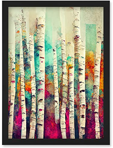Wee Blue Coo Abstract Multi Coloured Birch Tree Forest Vibrant Colourful Oil Painting Artwork Framed Wall Art Print A4