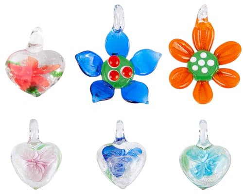 SUNNYCLUE 1 Caja 6 Piezas 6 Estilo Hecho A Mano Murano Colgantes Cristal Corazón Flor Encantos Murano Gran Primavera Amor Encanto para Fabricación de Joyas Dijes Mujeres Adultos DIY Artesanía Pulsera