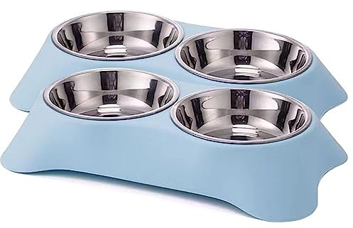 Mithui ju 2Pcs/set Double Dog Bowl,Non Slip Stainless Steel Double Bowl with Non-spill For Small Dogs and Cats (Blue-Large, Large)