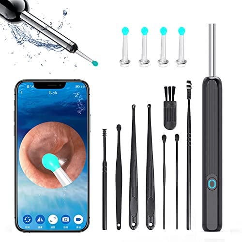 Sadodo Wirelss Eax Wax Remover Camera,Otoscope Ear Wax Removal Kit,1296 HD Ear Endoscope Spoon Pick,3.6mm Ear Cleaning Tool,Smartbud Ear Cleaner with LED Lights,Black