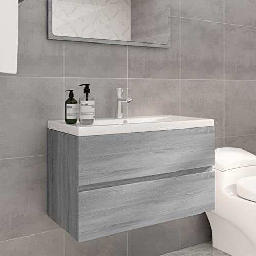 puraday Waschbeckenschrank mit Einbaubecken 80x38,5x45 cm Waschbecken Mit Unterschrank BadmöBel Waschtischunterschrank Einbauwaschbecken Waschtisch Mit Unterschrank Grau Sonoma Holzwerkstoff