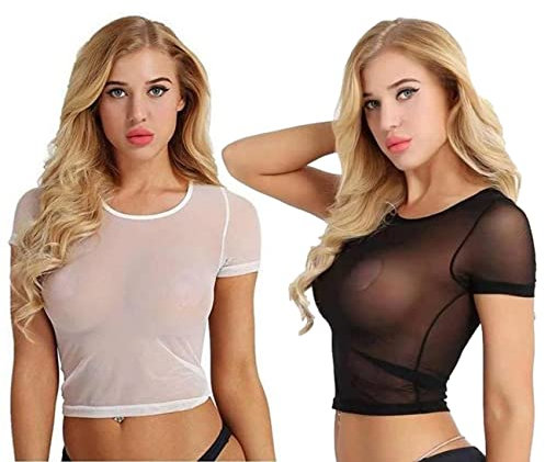 Women's Mesh Crop Tops, 2 Pack Sexy See Through Short Sleeve Vest, Long Sleeve Round Neck Slim Fit Shirt Sheer Blouse T Shirt Casual Basic Crop Tops for Party Clubwear