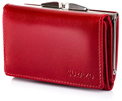 SURAZO® Leder Geldbörse Damen Klein viele fächer - Portemonnaie Damen Geldbeutel mit 12 Kartenfächern [RFID Schutz] [Münzfach] Echtes Leder Brieftasche Frauen, Women Wallet Flip Portmonee (Rot)