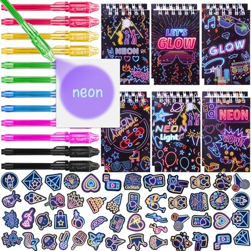 Tacobear UV Stift und Notizbuch 74 STK. Neon Mitgebsel Kindergeburtstag Jungen & Mädchen Mini Spirale Notizblöcke Zauberstifte Kinder Für Leuchtend Party Give Aways Kindergeburtstag Gastgeschenke