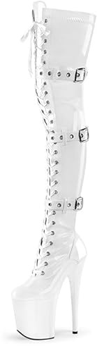denova's Stivali da Donna con Tacco Molto Alto 19,9 cm, con Laccetti, Piattaforma, per Pole Dance, sopra il Ginocchio, con Cerniera, bianco, 36 EU