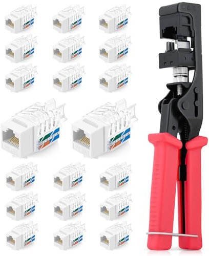 Everest easyJack Keystone-Werkzeug-Set, 45 ° abgewinkelt, mit 20 Stück RJ45 Cat6A Keystone-Buchsen in Weiß (schlankes Profildesign), zeitsparendes Netzwerk-Panzwerkzeug, Cat6A