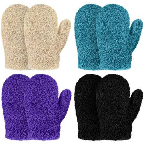SATINIOR 4 Paar Kinder Winterhandschuhe Gestrickte Fäustlinge Weiche Kleinkind Fäustlinge Warme Kinder Fäustlinge Dehnbare Schnee Kleinkind Strickhandschuhe (Schwarz, Lila, Khaki, Grün, 1–4 Jahre)