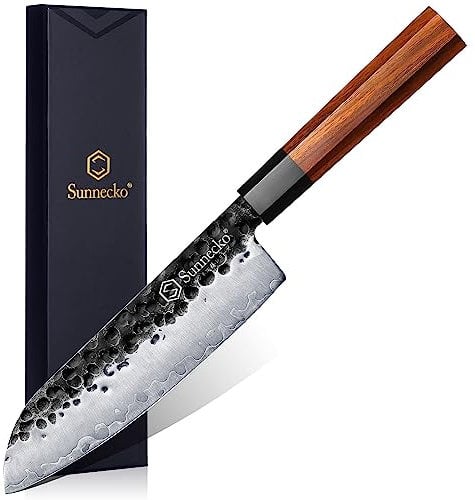 Sunnecko Japanese Santoku Knife for Kitchen - 7 Inch Professional Kitchen Knives with 9CR18MOV High Carbon Stainless Steel Blade, Sharp Knives with Octagon Rosewood Handle Chef Knife