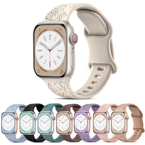 aceyoon 8 Pack Engraved Strap Compatible with Apple Watch Strap 38mm 40mm 41mm, Silicone Floral Replacement Band for iWatch Series SE 9 8 7 6 5 3 2 1