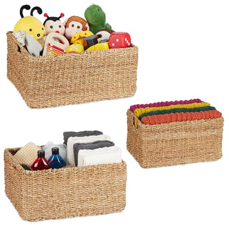 Relaxdays Aufbewahrungskorb 3er Set Seegras, Flechtkorb rechteckig, natur