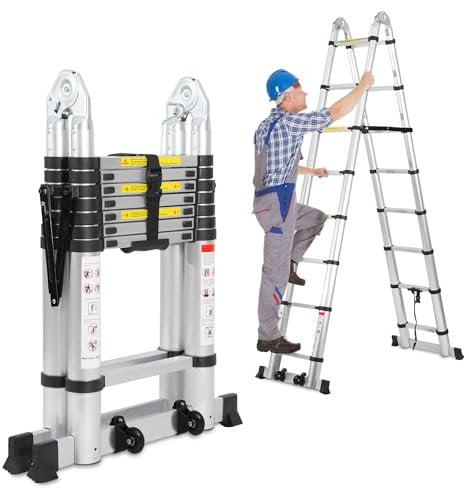 Jiubiaz Escalera telescópica de 5 m (2,5 m + 2,5 m), Escalera de Aluminio Extensible con Ruedas y estabilizadores extraíbles, Marco en A, Escalera Multiusos, Carga máxima de 150 kg (Plata)