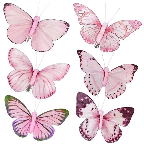 YCHTEWY-Feather Fake Butterfly for Craft Decoration Set of 12 with Clip Pink Wedding Home Flower Pot Christmas Party Spring Home Decor Floral