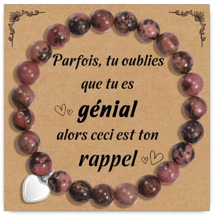 CheersLife Bracelet Femme Idee Cadeau Anniversaire Noël Bracelet Pierre Naturelle Rose Foncé Bracelets de Perle Avec Pendentif en Cœur Cadeau Original pour Maman Fille Soeur Amie Couple