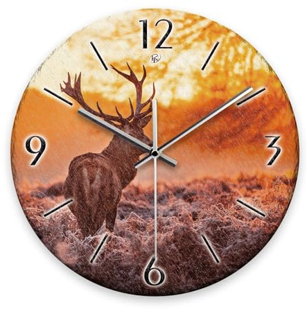 Kreative Feder Wanduhr „Hirsch“ aus Stein (Keramik) in Schiefer-Optik; Durchmesser 30cm; mit leisem Uhrwerk (Hirsch, leises Funkuhrwerk)