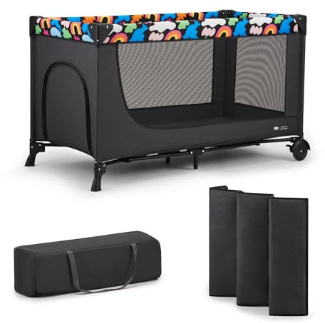 KINDERKRAFT Joy 2 Lit Parapluie 2 en 1, Lit bébé de la Naissance Jusqu’à 25 kg, 120 x 60 cm, Facile à Plier, Étagères pour Les Couches, Happy Shapes