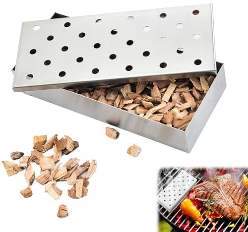 Goviox Caja para Ahumar, Caja de Ahumador de Barbacoa, Caja de Ahumado para Parrilla de Acero Inoxidable, Smoker Box para Barbacoas de Gas y Carbón y Leña, Accesorios para Parrilla, Apta Lavavajillas