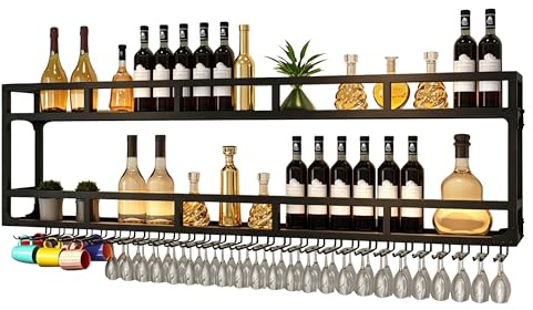 Botellero Vino de Pared Mueble Bar con Soporte Copas Colgante y Luz LED Garrafeira de Vino Wine Rack Estanterias Colgantes Mini Bar para Casa Salon Barra para Bar Sala de Estar y Cocina(Nero,100cm)