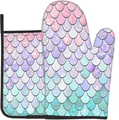 Juego de dos piezas para hornear de cocina, color rosa y morado sirena, guantes de horno y soportes para ollas