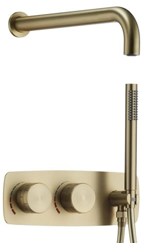 Brass Round Bathroom Concealed Shower System Kit,45CM Conceal (10-16 inch Water Effect) Rainfall Set with Cover Handheld Shower Head and Hot & Cold Mixer Valve,2 Functions Brushed Gold