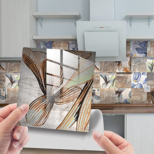 Lukery 24 Pezzi Piastrelle Adesive Cucina, Pavimento PVC Adesivo Staccare e Attaccare, Stampa Floreale Piastrelle Adesive Bagno, Piastrelle Adesive (20x20cm,Foglie Marroni)