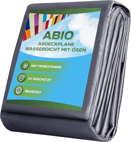 Abio Bâche de Protection 8 x 12 m - Gris - 110 g/m² - Imperméable - Avec Œillets - En Tissu - Pour Chantier, Jardin, Bois, Meubles
