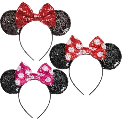3 Pieces Mouse Ears Headband, Sparkly Bow Headwear, Mickey Ears, Kids Shiny Headband, Holiday Party Birthday Cosplay Accessories for Adults/Children