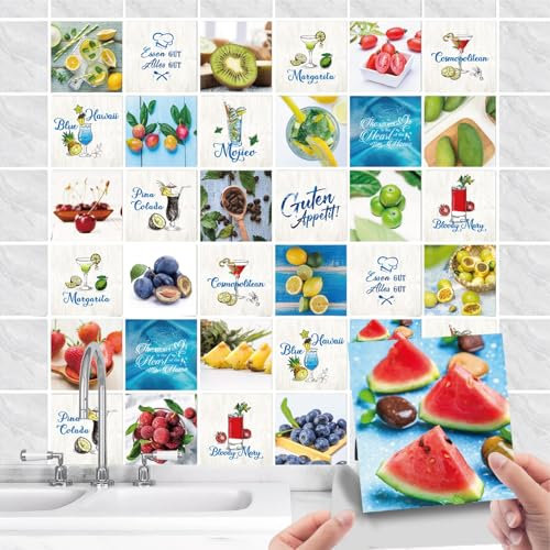 36 Stück Fliesenaufkleber Küche Selbstklebende - Küchenrückwand Fliesenfolie PVC mit Cocktail Zitrone Obst - Wasserdicht Ölfest Fliesensticker für Wand-fliesen Schrank Dekorative (Obst, 10x10cm)