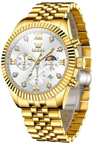 OLEVS Goldene Uhr Herren Edelstahl Business Kleid Herrenarmbanduhr mit Metallarmband Großes Analog Armbanduhr Herren Weiß Zifferblatt wasserdichte Herrenuhren Chronograph Leuchtend
