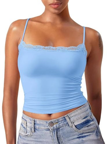 Womens Tank Top Clasic Ladies T Shirts Vest Cami Lace Top Double Lined Sexy Tank Top Spaghetti Strap Club Shirt Square Neck Sexy Vest Cardigan Tops Women (Light Blue, S)