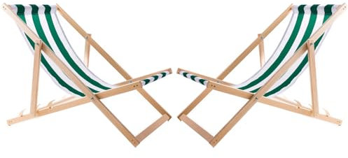 WOODOK 2-er Liegestuhl Set aus Buchholz Strandstuhl Sonnenliege Gartenliege für Strand, Garten, Balkon und Terrasse Liege Klappbar bis 120kg (Grüne Streifen)