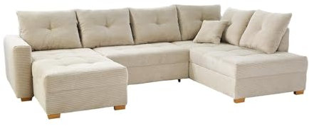 Generisch Wohnlandschaft - 313 x 200 cm - Beige - Cord - mit Ausziehfunktion und Bettkasten