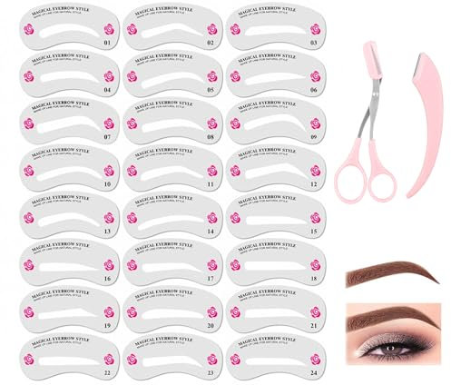 ZWWOGE 24 Pièces Kit De Pochoir À Sourcils, Tampon À Sourcils, Kit De Modelage Pour Sourcils, 12 Paires Modèle De Sourcil Réutilisable Pochoir De Forme Des Sourcils Avec set de 2 tondeuses à sourcils