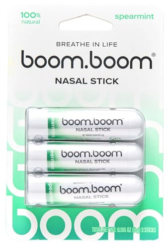 BoomBoom Nasal Stick, Essential Oils + Menthol Inhaler, Spearmint, 3 Pack