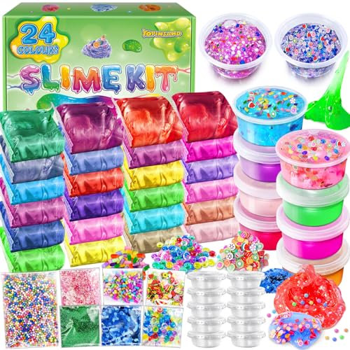 Kit de Hacer Slime de 24 Colores para niñas, Crystal Clear Slime, Glow in The Dark Slime con complementos de Bolas de Espuma, amuletos, Purpurina, Juguetes de Regalo para niños