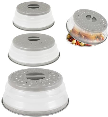 Juego de 3 fundas plegables para microondas para alimentos, tapas de microondas ventiladas para alimentos, sin BPA, TPR, seguro para lavavajillas, gris, grande, mediano, pequeño