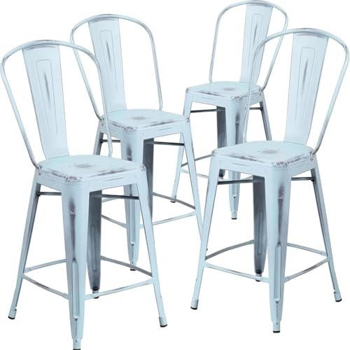 FWStyle Blake Commercial Grade 4 Pack 24 High Green Blue Metal Indoor-Outdoor Counter Height Stool with Back