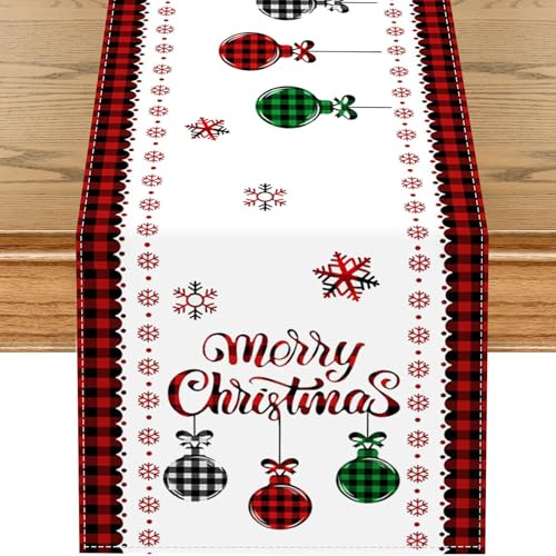 FOSDICK Tischläufer Weihnachten, Weihnachts Tischläufer Rot Flachs Abwaschbar, Weihnachtstischläufer Weihnachtskugeln Schneeflocken, für Drinnen und Draußen Esstisch Dekoration
