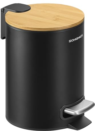 SONGMICS Papelera Pequeña, Cubo de Basura con Tapa de Bambú, Pedal de Metal, Cubo Interior Extraíble, Cierre Suave, para Baño, 3 L, Negro Tinta LTB113BZ01