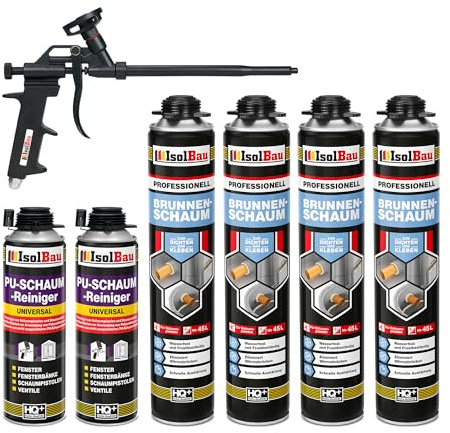 Isolbau - Brunnenschaum 1K Bauschaum Wasserdicht Aussen und Innen - 4 x Montageschaum 750 ml, 2 x PU-Schaum-Reiniger & 1 x Schaumpistole - PU-Schaum - Pistolenschaum Dämmschaum Isolierschaum
